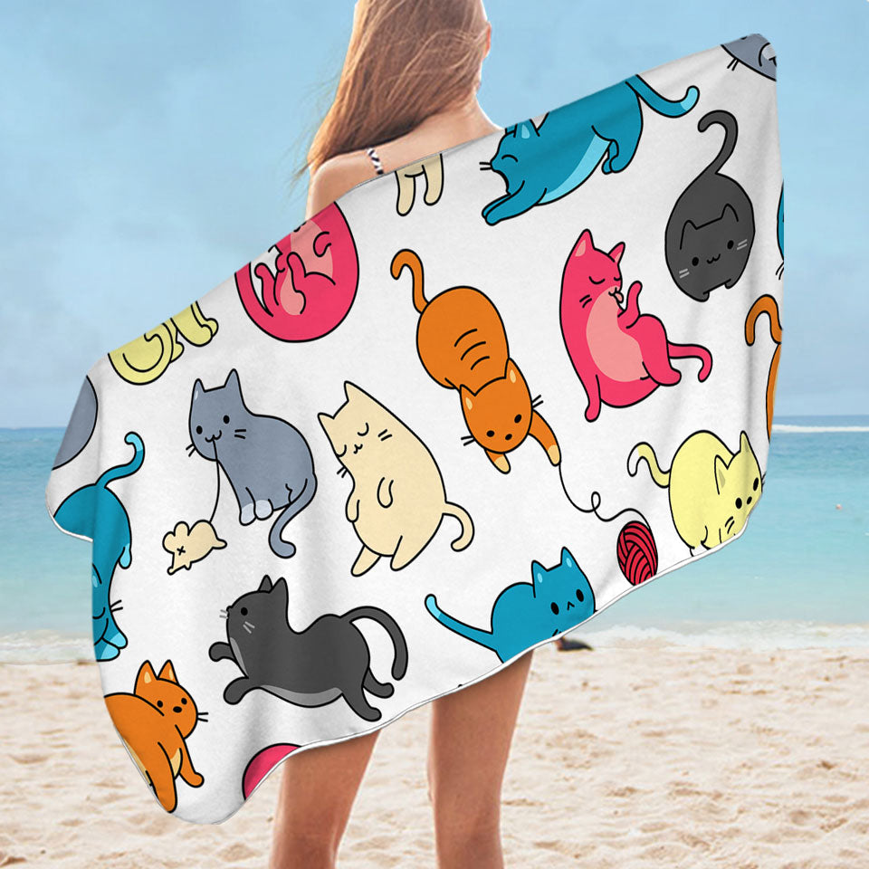 Beach Towels of Multi Colored Cats Drawings