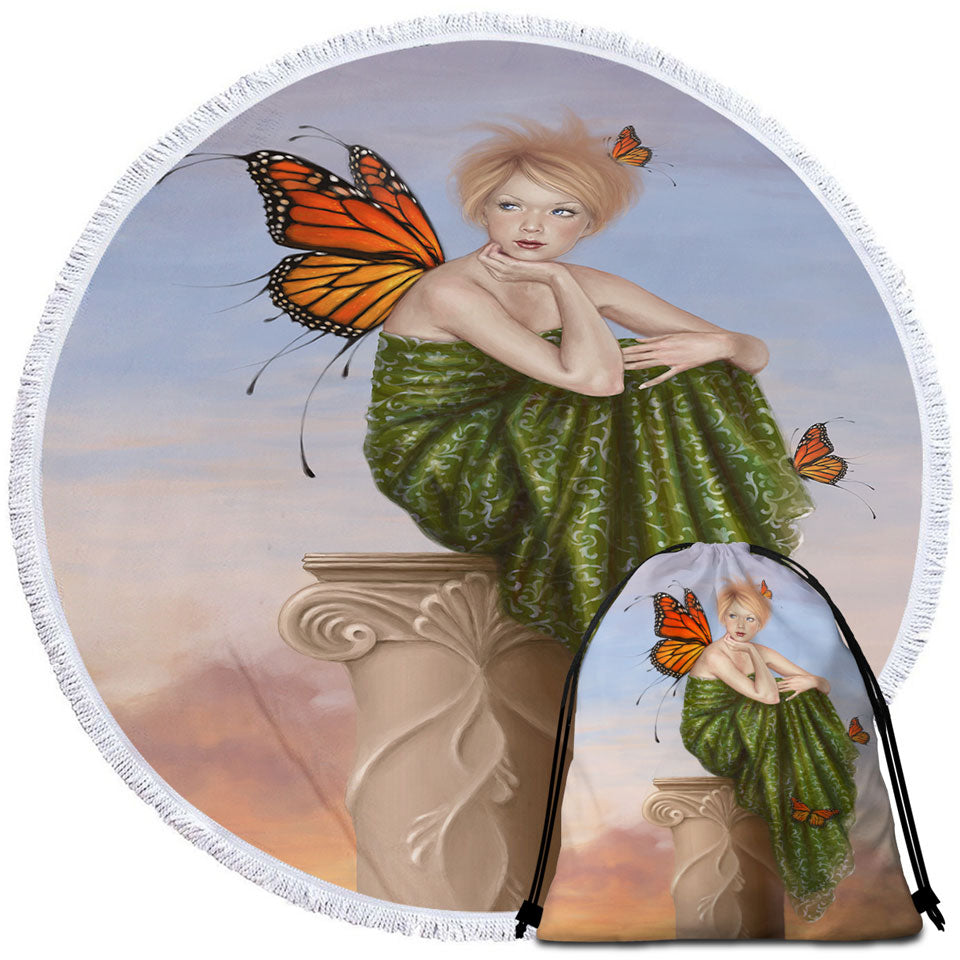 Beach Towels with Art Painting Sunrise Butterfly Girl