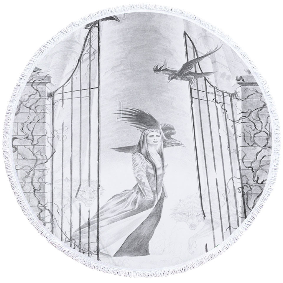 Beach Towels with Black and White Art Drawing Beauty in Castle