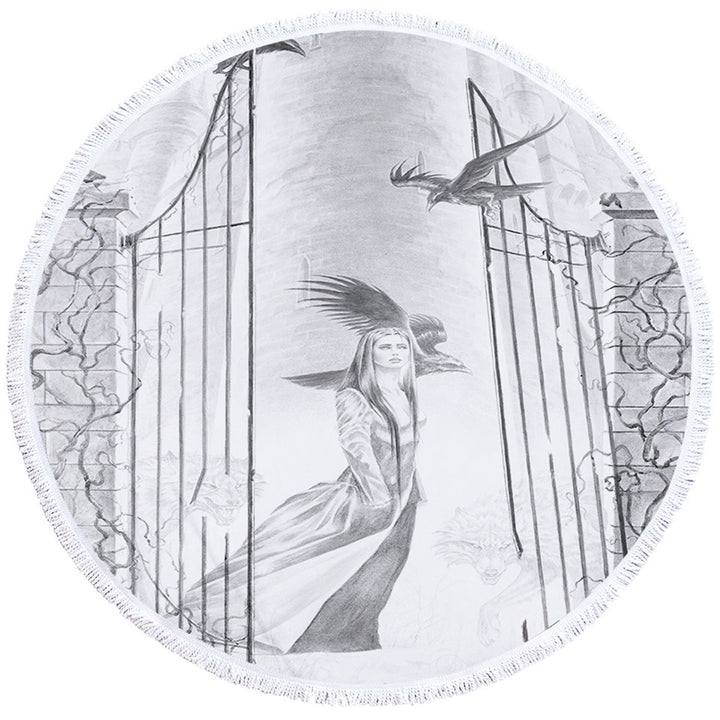 Beach Towels with Black and White Art Drawing Beauty in Castle