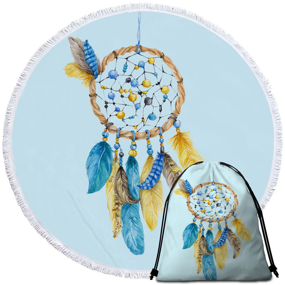 Beach Towels with Blue and Yellow Feathers Dream Catcher