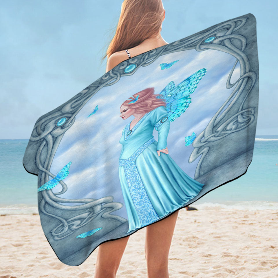 Beach Towels with Butterflies and Blue Aquamarine Butterfly Girl