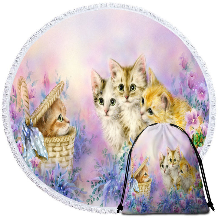 Beach Towels with Cats Art Adorable Cute Kittens in Flower Garden