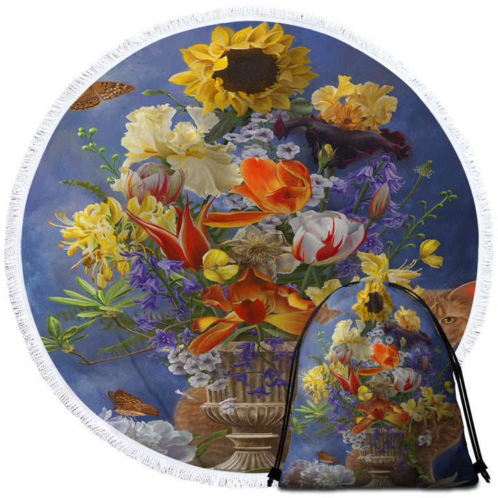 Beach Towels with Cats Art Colorful Flower Bouquet and Cat