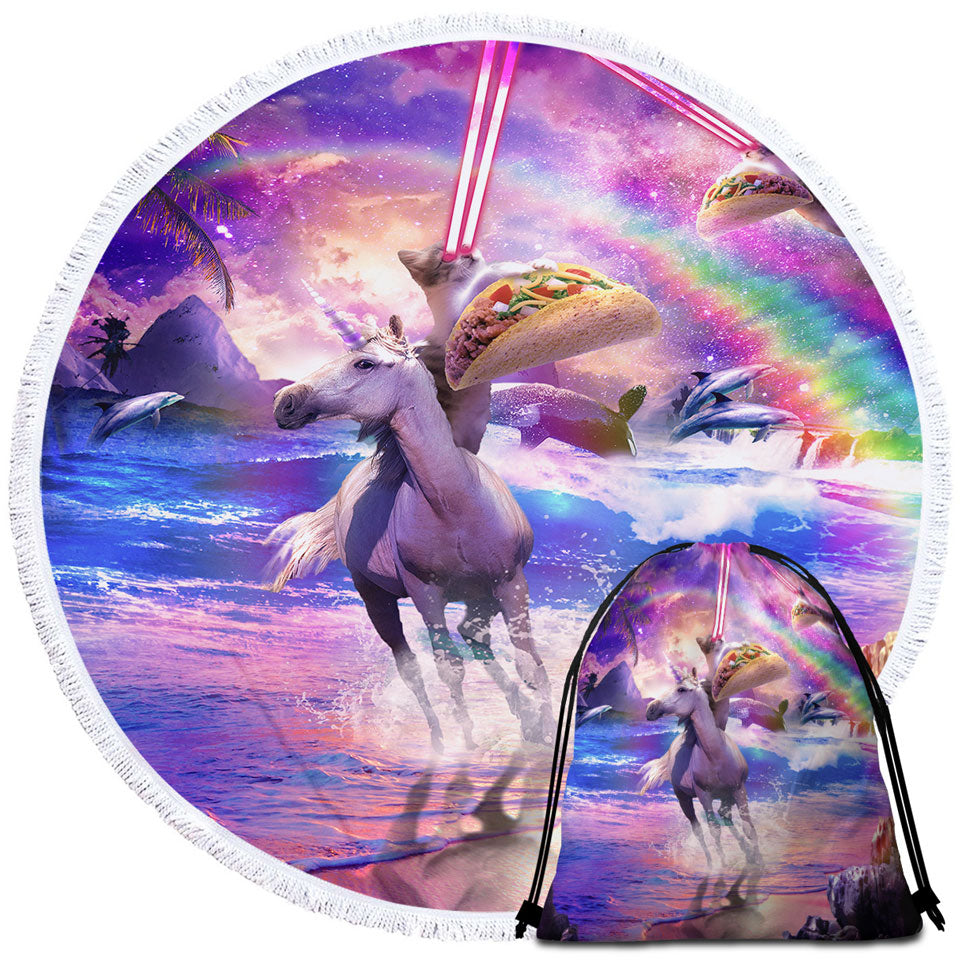 Beach Towels with Crazy Funny Art Laser Space Cat on Unicorn Eating Taco