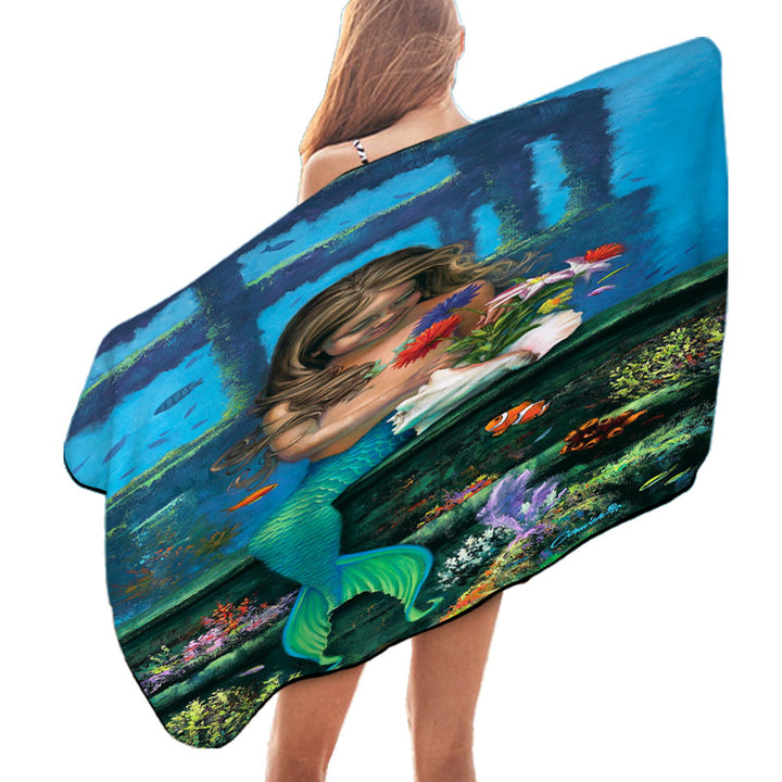 Beach Towels with Cute Girl Mermaid and Underwater Flowers