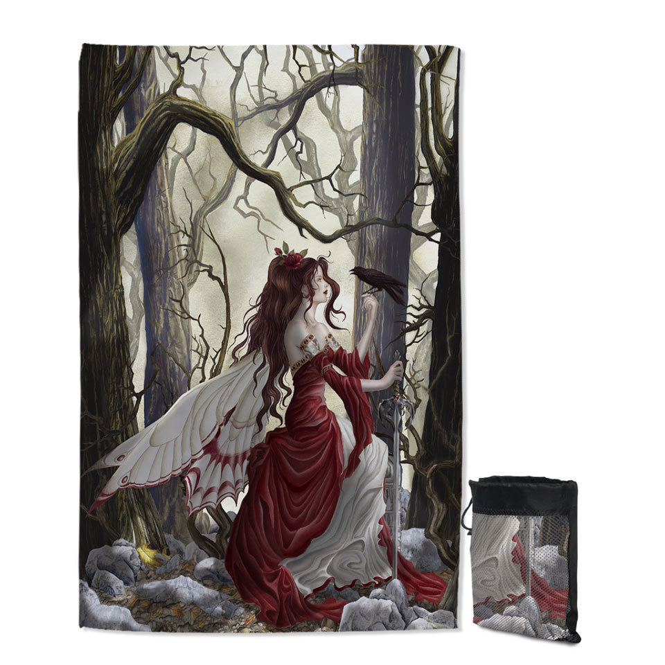 Beach Towels with Fantasy Art the Red Fairy and Her Crow