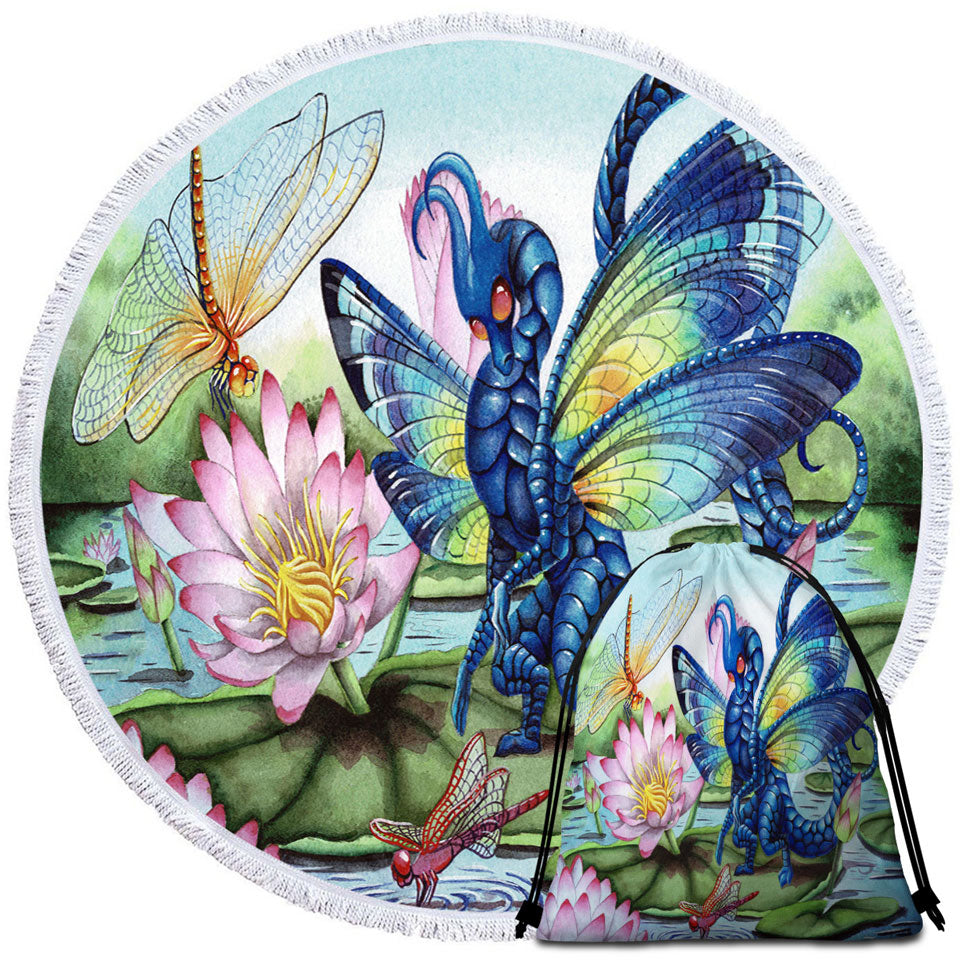 Beach Towels with Giant Water Lilies Dragonflies and Dragon