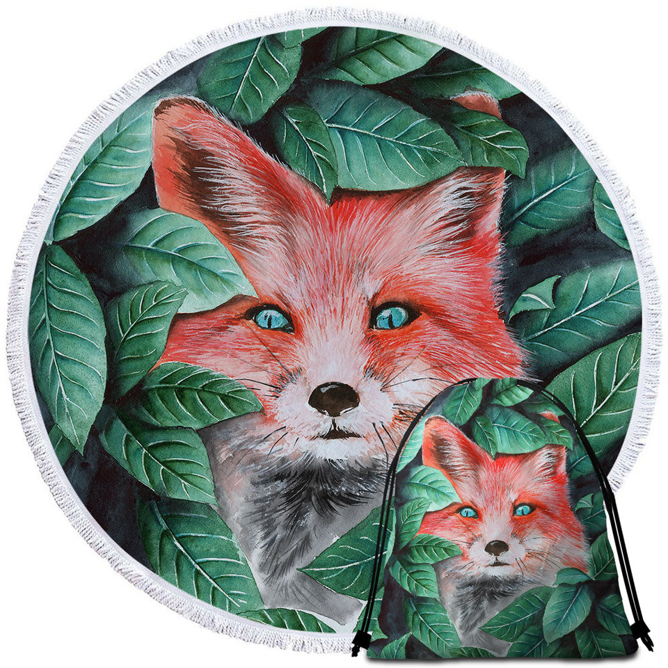 Beach Towels with Green Leaves and Cute Hidden Fox