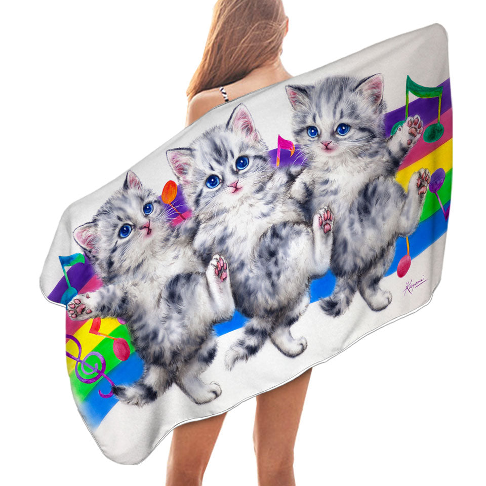 Beach Towels with Grey Kittens Rainbow Colorful Music Notes Dance