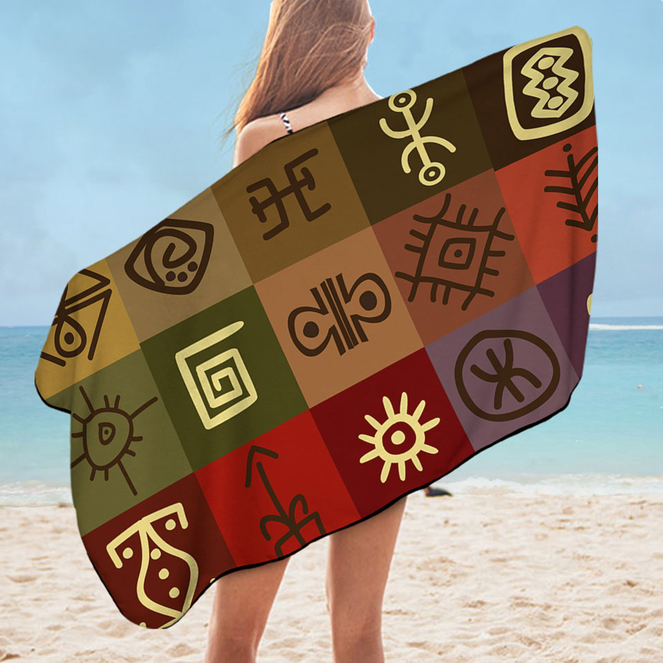 Beach Towels with Multi Colored Panels Cool Ancient Symbols