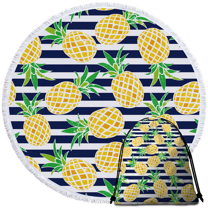 Beach Towels with Pineapples over Blue Stipes