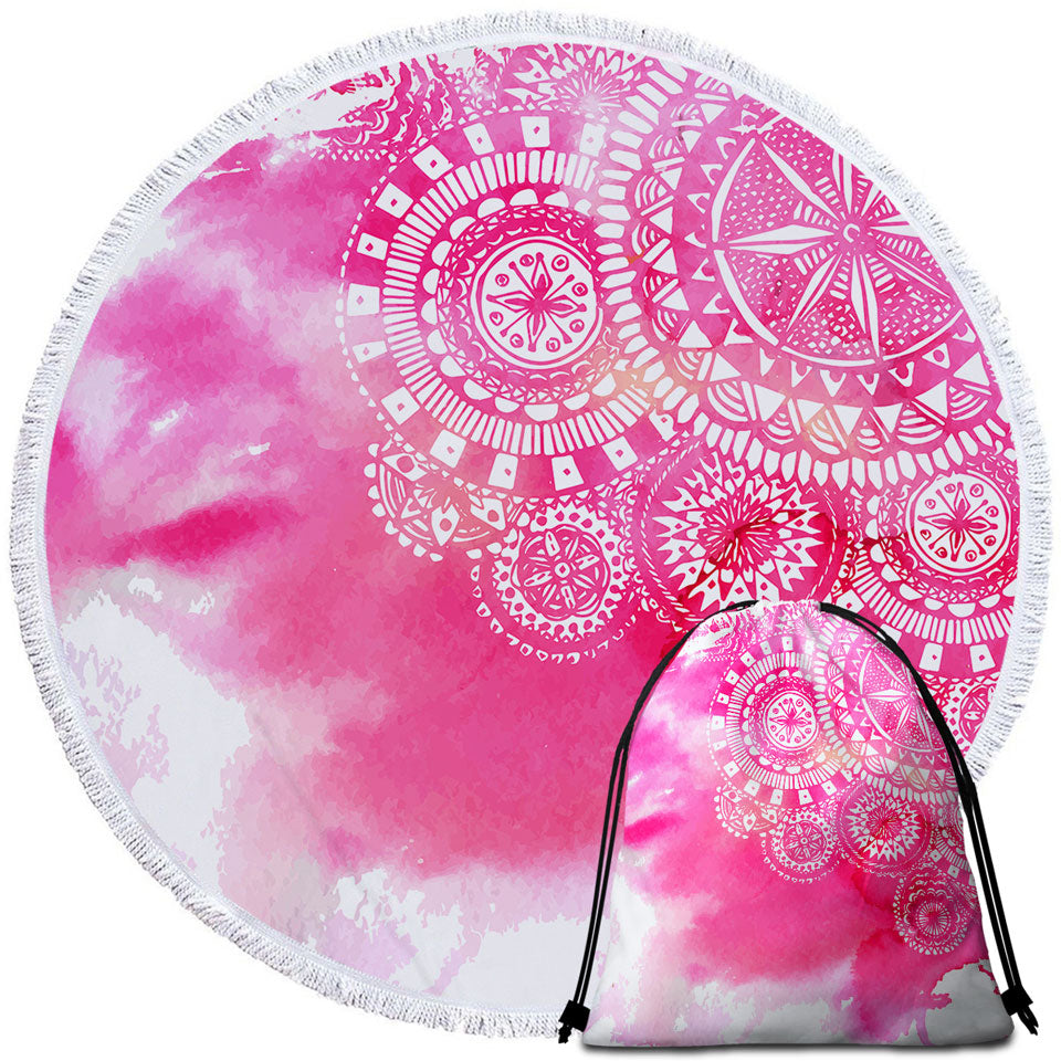 Beach Towels with Pink Fog and White Mandalas