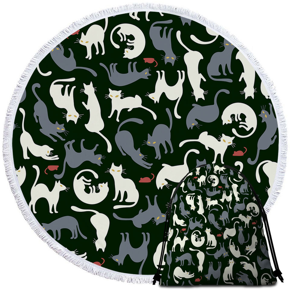 Beach Towels with Red Mice and White Grey Cats