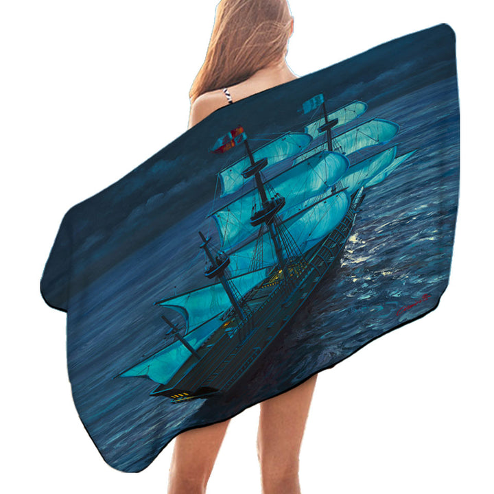 Beach Towels with Sailing Ship Moonlight Voyage