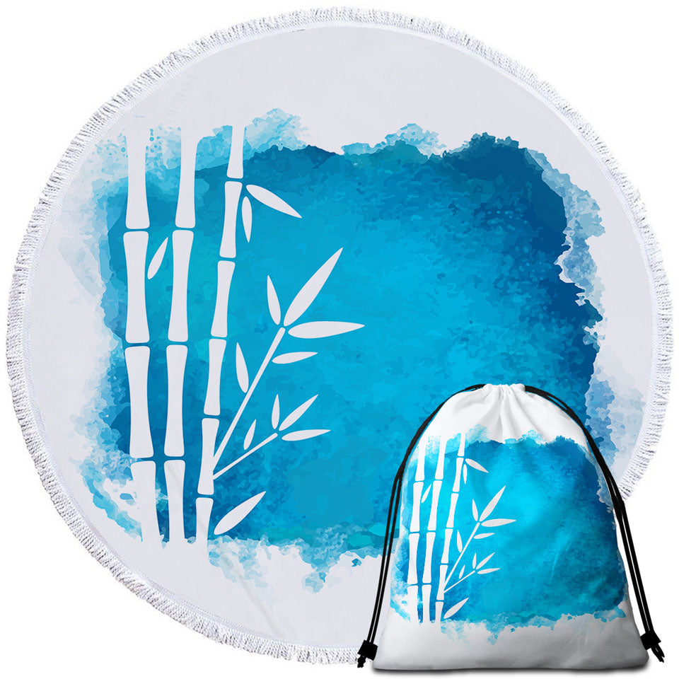 Beach Towels with White Bamboo Silhouette over Ocean Blue Paint