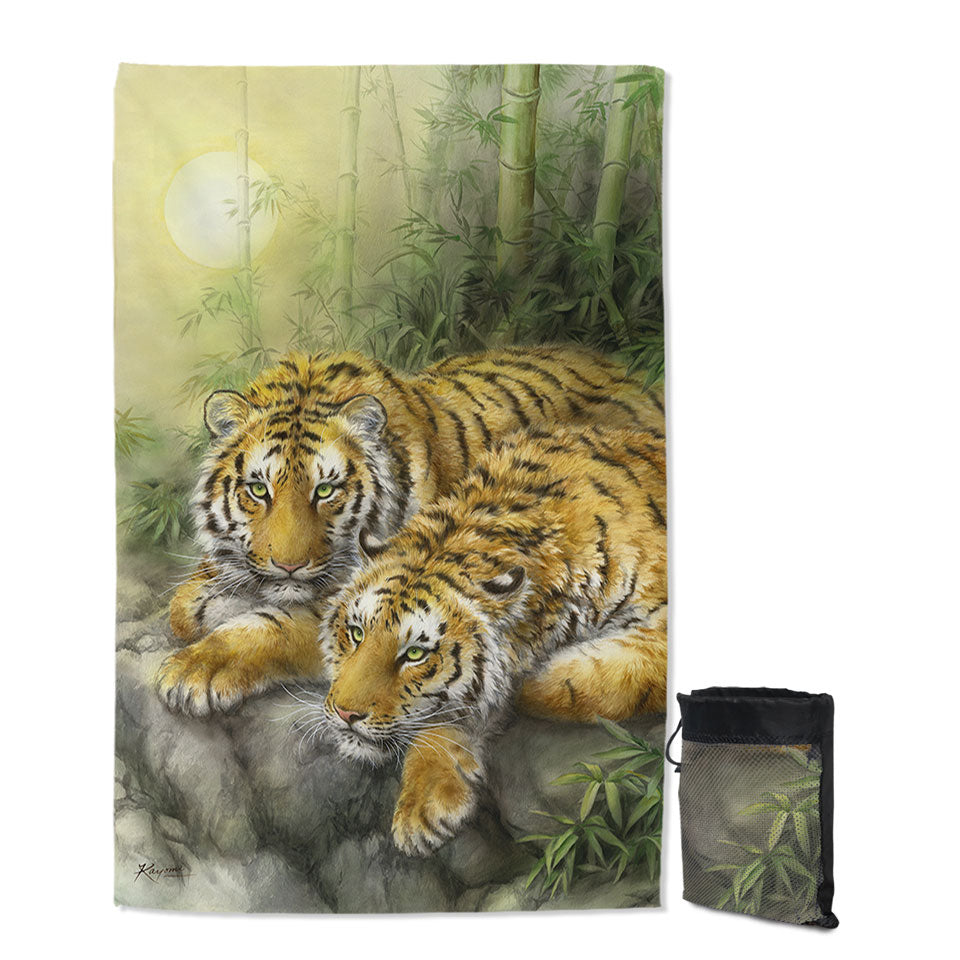Beach Towels with Wild Animals Art Tigers Forest Morning