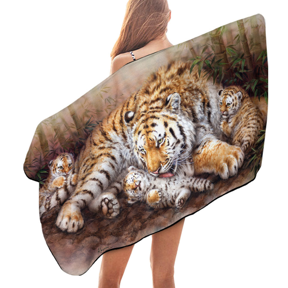 Beach Towels with Wildlife Animal Art Tiger Family in Bamboo Forest