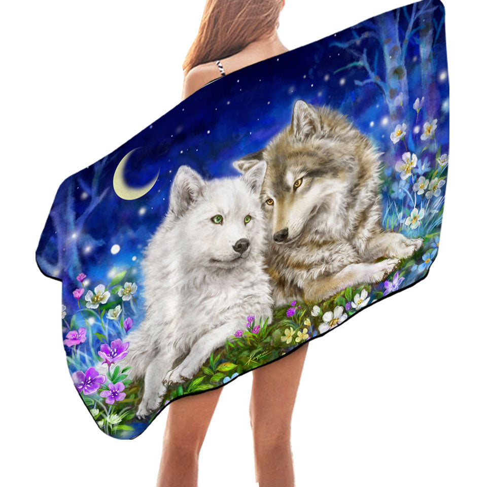 Beach Towels with Wolves Art Design Flowers and Love at Night