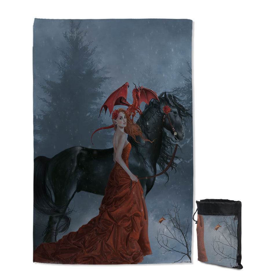 Beautiful Autumn Beach Towels Dragon Princess with Her Horse