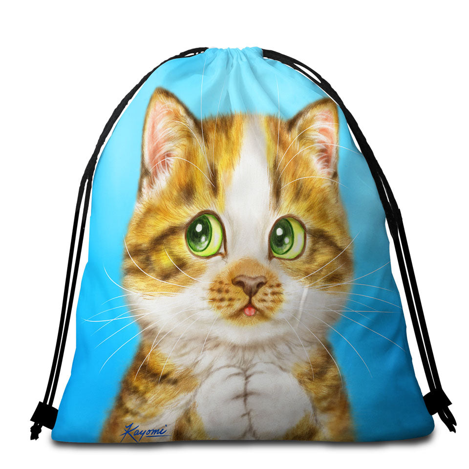 Beautiful Beach Towel Bags with Cat Drawings Striped Kitten