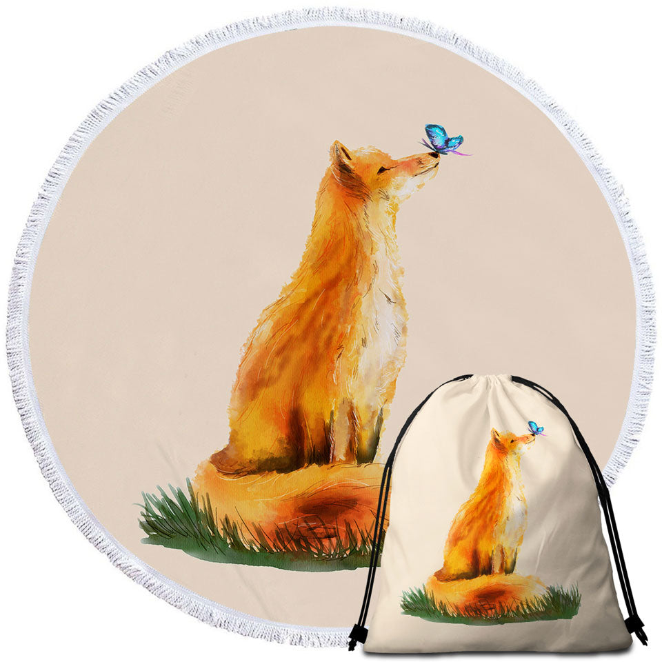 Beautiful Beach Towels Art Painting Sweet Fox and Butterfly