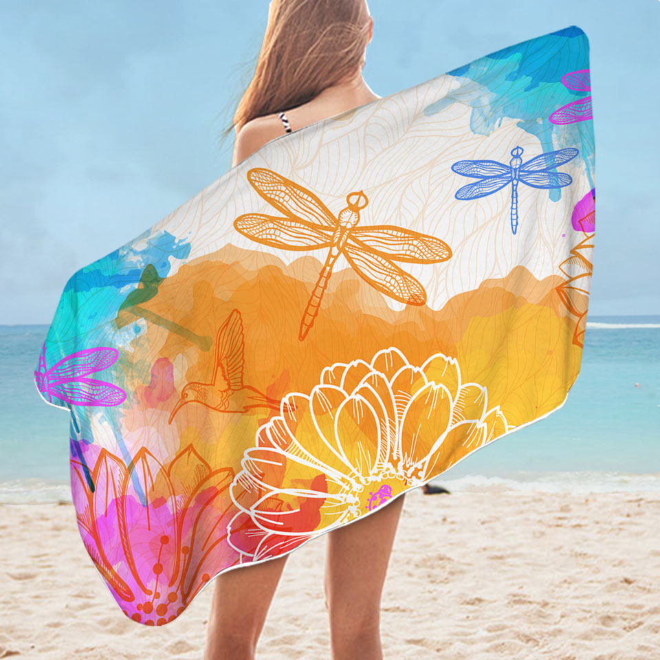 Beautiful Beach Towels Orange Blue Dragonflies and Hummingbirds