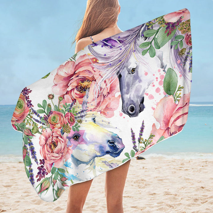 Beautiful Beach Towels Painting of Flowers and Horses