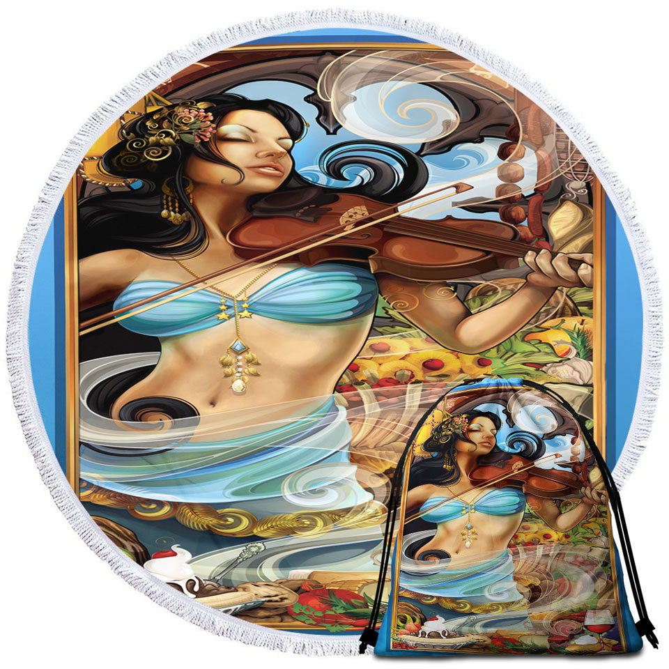 Beautiful Beach Towels and Bags Set Violinist Woman Goddess of Fine Dining