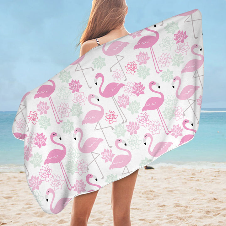 Beautiful Beach Towels with Pink Mint Lilies and Flamingos