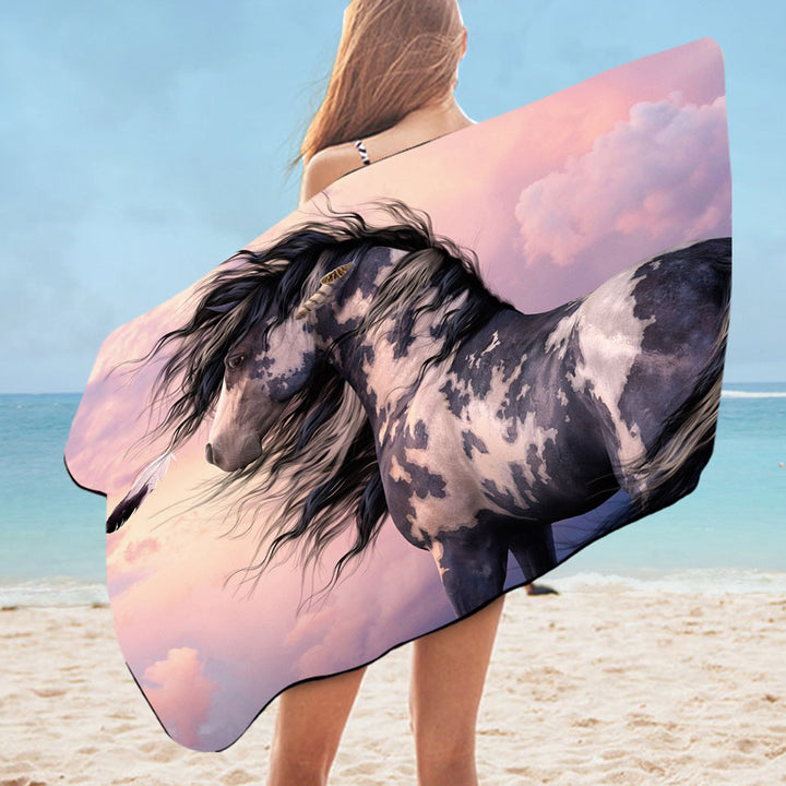 Beautiful Beach Towels with Sunset Clouds behind Black and White Pinto Horse