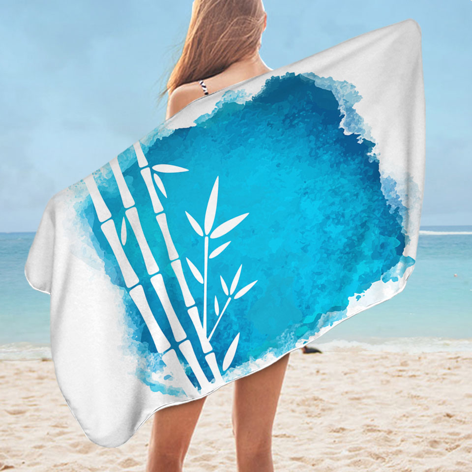 Beautiful Beach Towels with White Bamboo Silhouette over Ocean Blue Paint