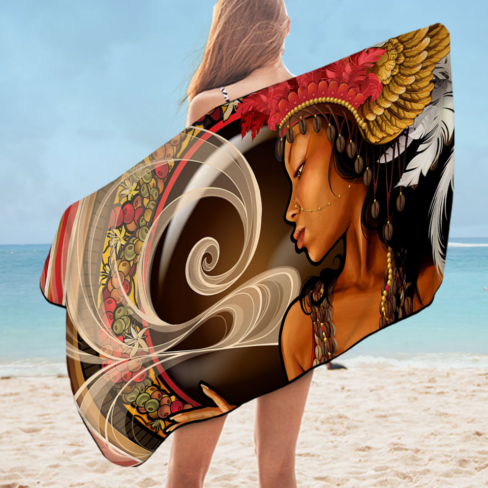Beautiful Black Girl Microfiber Beach Towel Goddess of Coffee