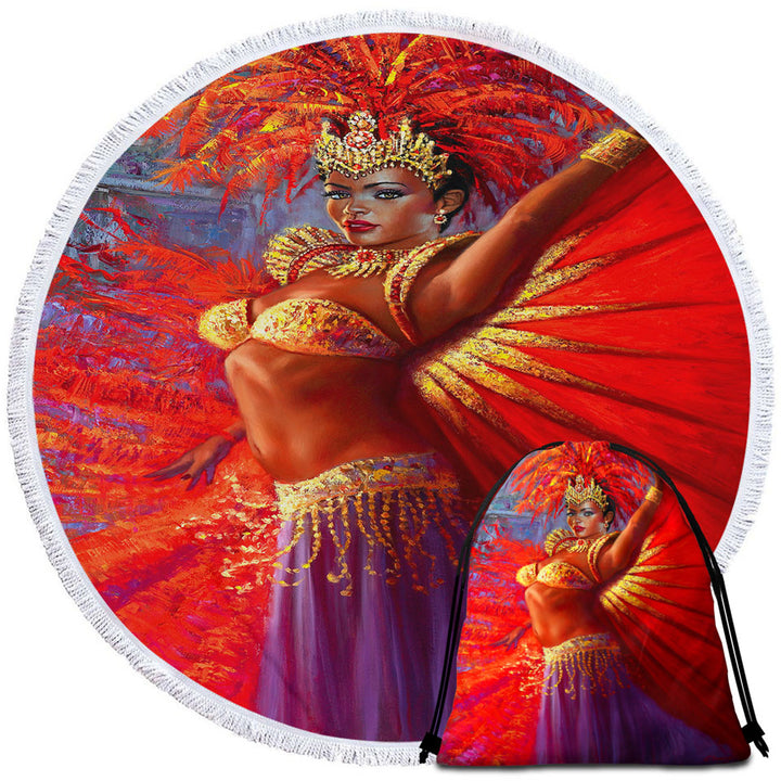 Beautiful Black Woman Round Beach Towel Painting Brazilian Queen