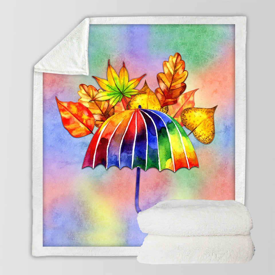 Beautiful Blankets Colorful Umbrella and Autumn Leaves
