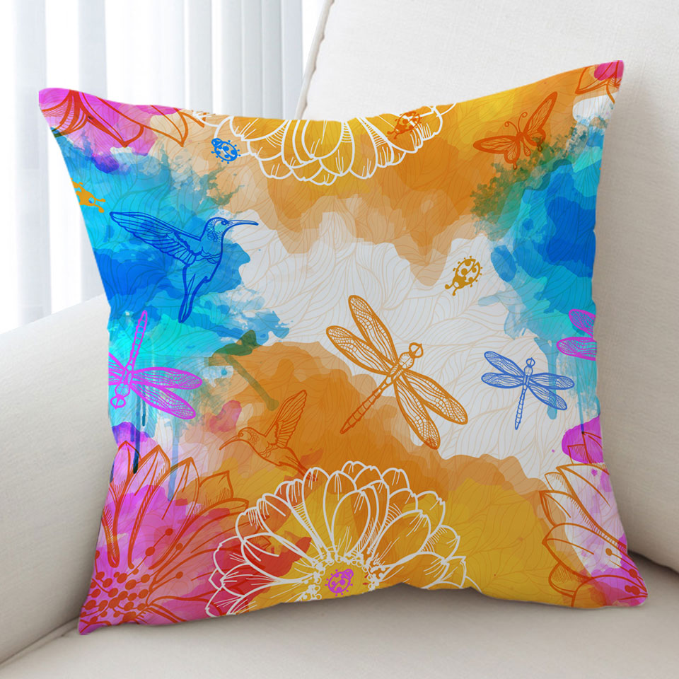 Beautiful Cushion Covers Orange Blue Dragonflies and Hummingbirds