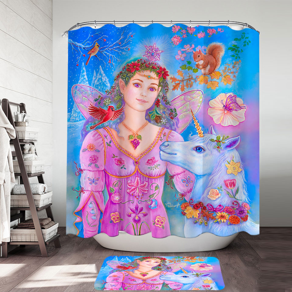 Beautiful Fairy Unicorn Squirrel and Birds Shower Curtains for Kids