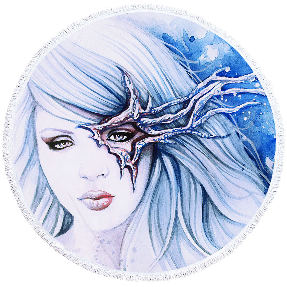 Beautiful Girl Round Towel Drawing Sevania Ice Blue Woman