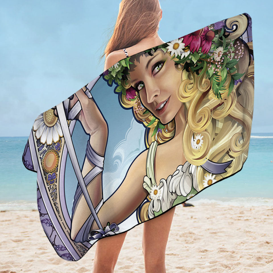 Beautiful Microfiber Beach Towel Blond Girl Goddess of Herbs