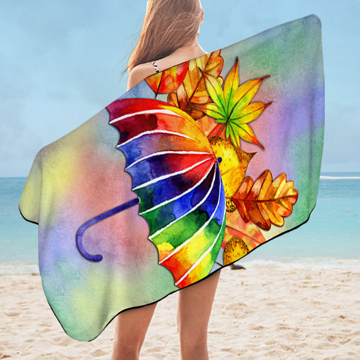 Beautiful Microfibre Beach Towels Colorful Umbrella and Autumn Leaves