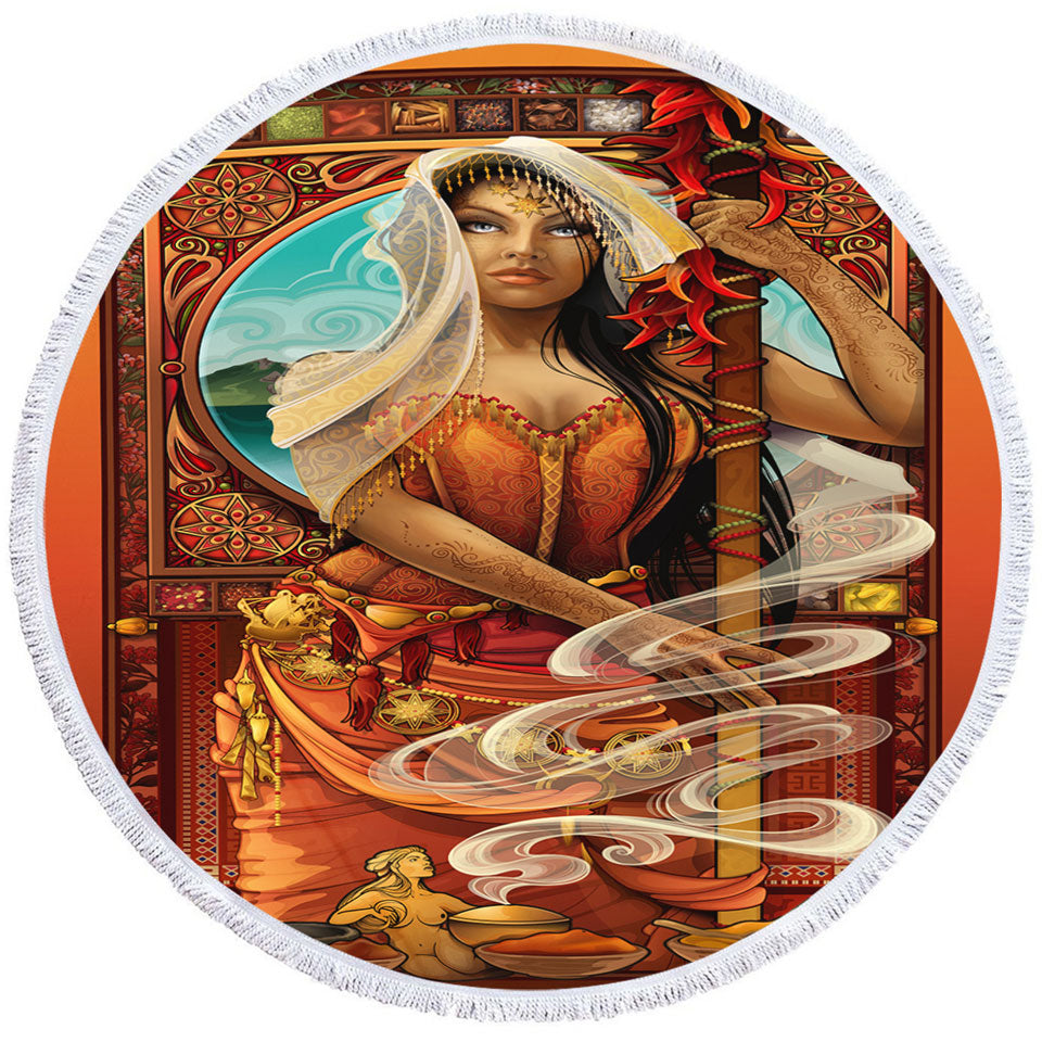 Beautiful Oriental Girl Circle Beach Towel Goddess of Spices