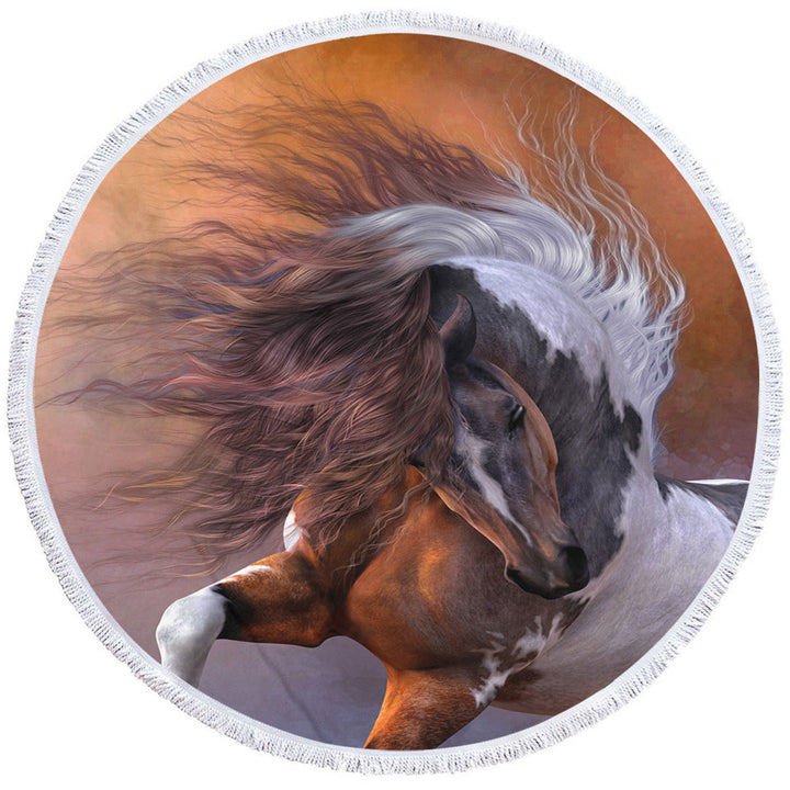 Beautiful Round Beach Towel Brown and White Pinto Horse