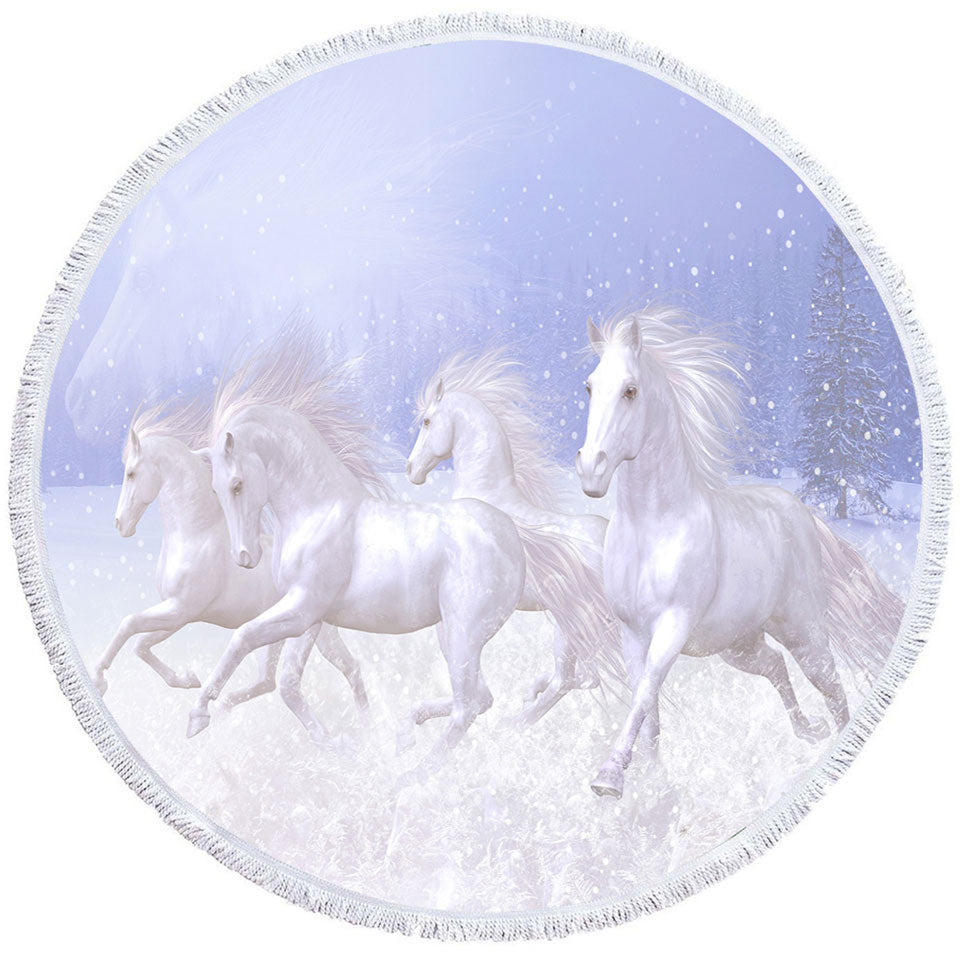 Beautiful Round Beach Towel Running White Horses the Snow Horses