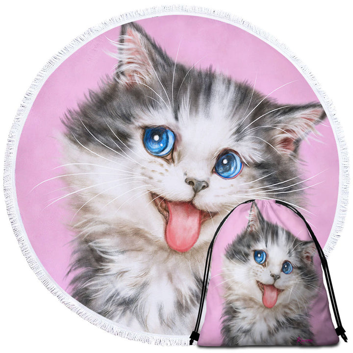 Beautiful Round Beach Towels Cats Blue Eyes Grey White Furry Kitten