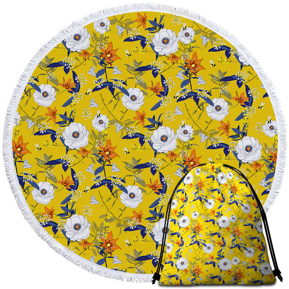 Beautiful Round Beach Towels and Bags White and Orange Flowers