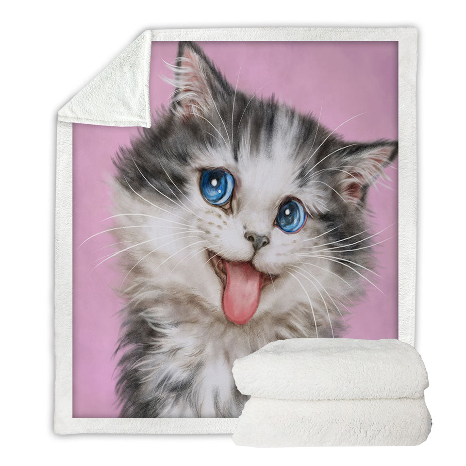 Beautiful Sherpa Blanket Cats Blue Eyes Grey White Furry Kitten