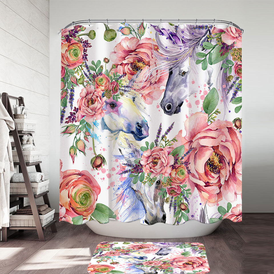 Beautiful Shower Curtains Painting of Flowers and Horses
