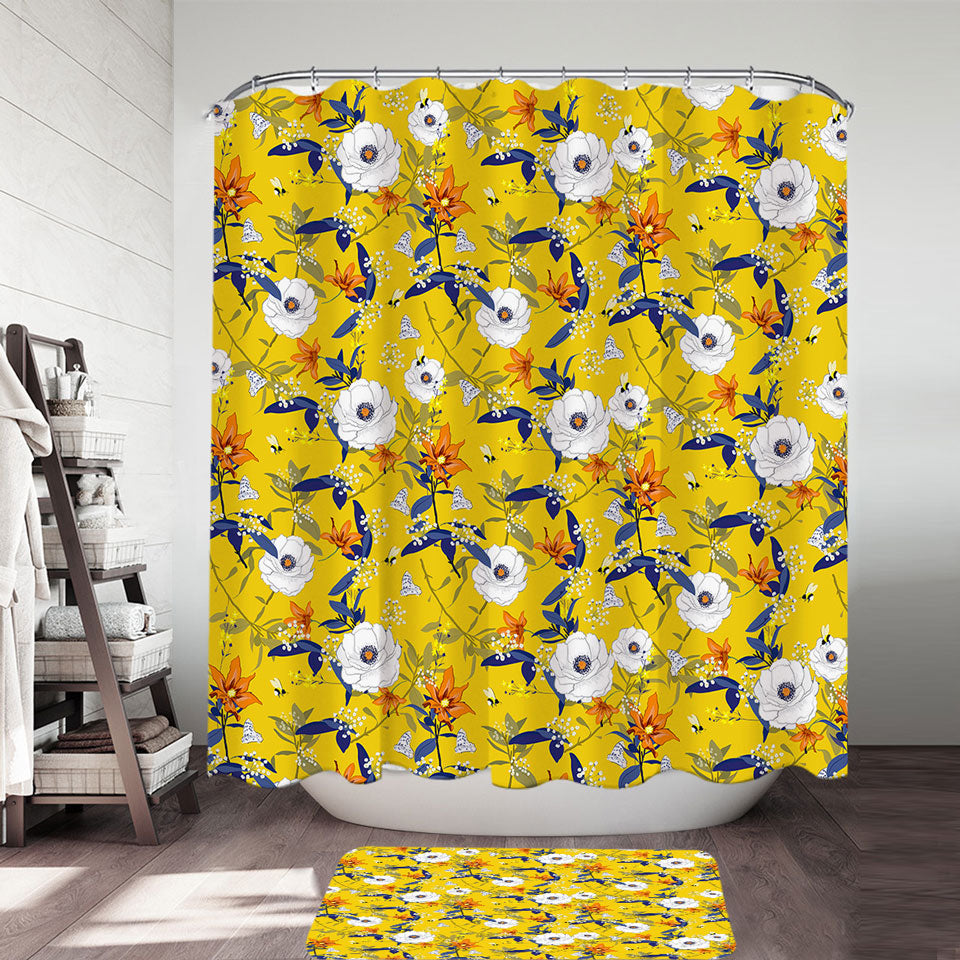 Beautiful Shower Curtains White and Orange Flowers