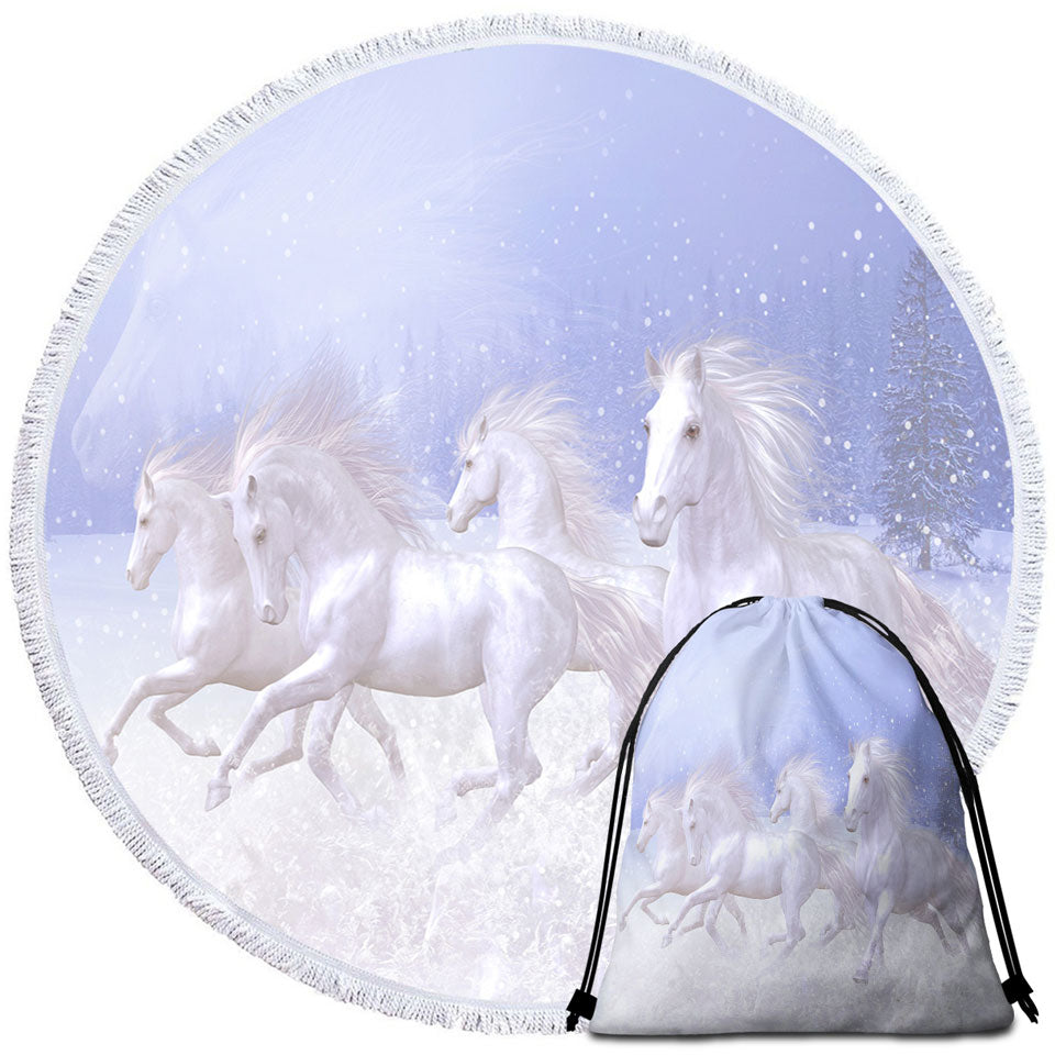 Beautiful Travel Beach Towel Running White Horses the Snow Horses