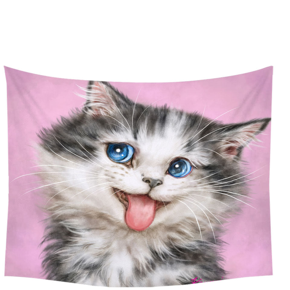 Beautiful Wall decor Tapestries Cats Blue Eyes Grey White Furry Kitten